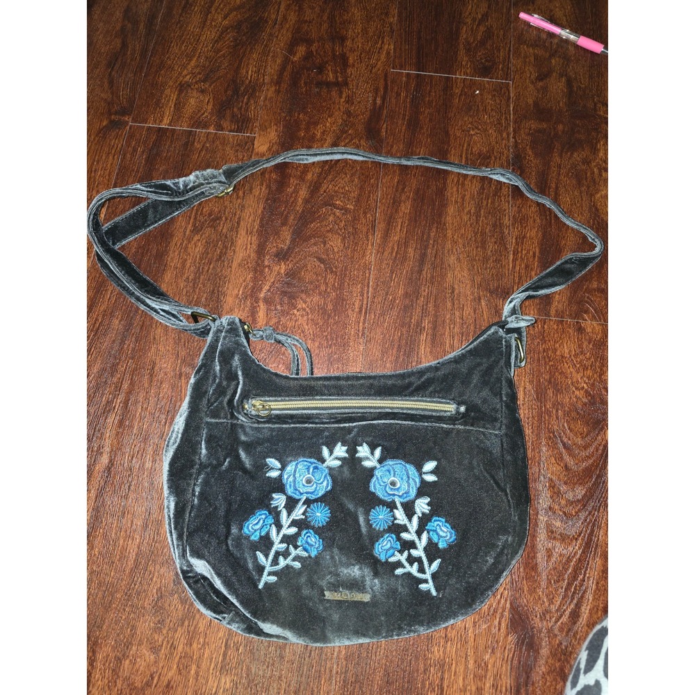 Wallflower Velvet Shoulder Bag Gray Blue Floral Embroidered Y2K Boho Purse